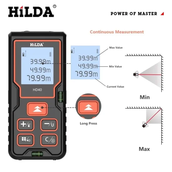 Електроинструменти Лазерна ролетка HILDA  с обхват 40/60/80/100м., точност ±2mm, разстояние, площ, обем, LCD екран, питагоро