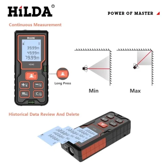 Електроинструменти Лазерна ролетка HILDA  с обхват 40/60/80/100м., точност ±2mm, разстояние, площ, обем, LCD екран, питагоро